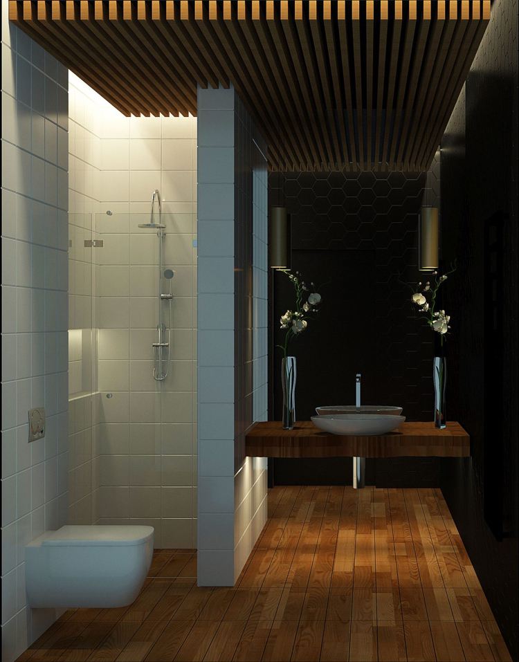 træ-gulv-loft-paneler-moderne-badeværelse-hvide fliser