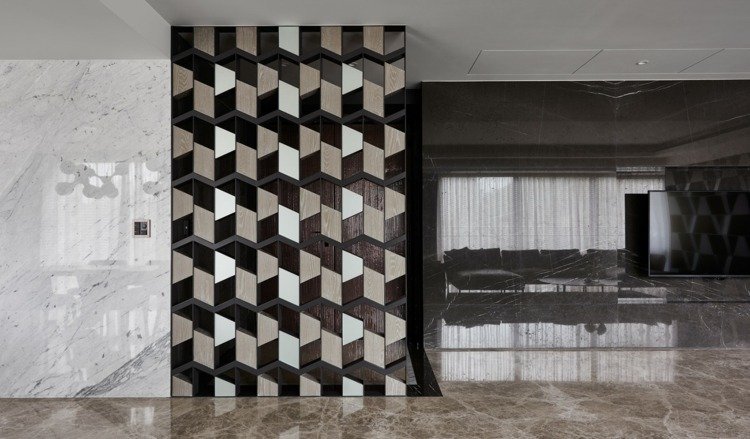 minimalistisk moderne designer værelse divider træ marmor opholdsområde
