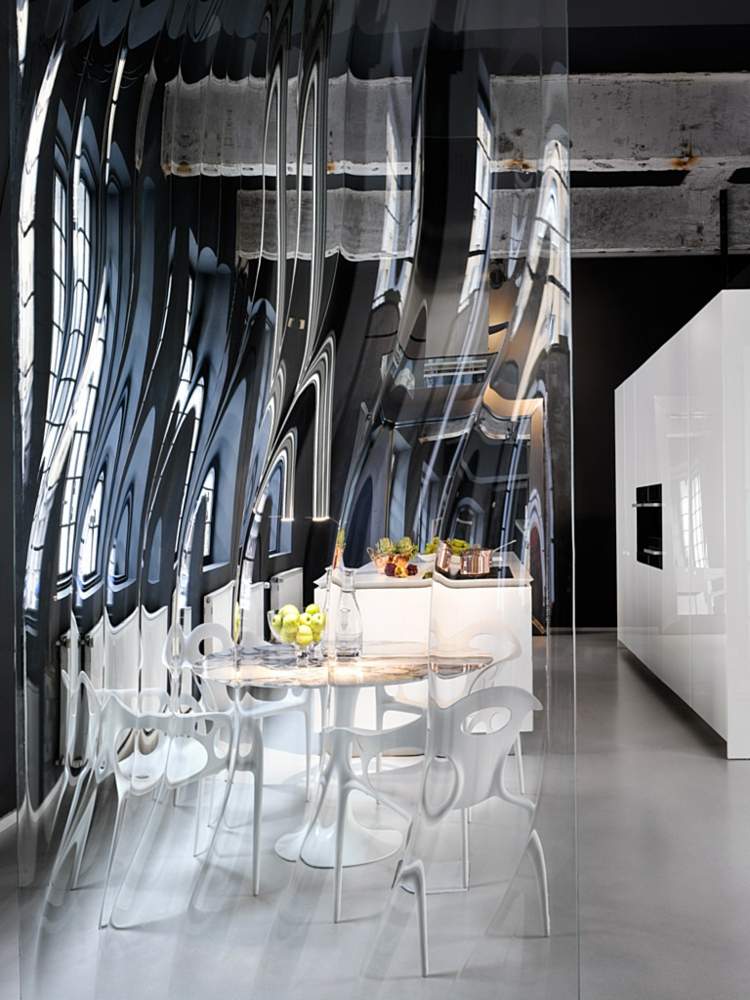 moderne original rumdeler glas bølgepap åbent køkken spiseplads