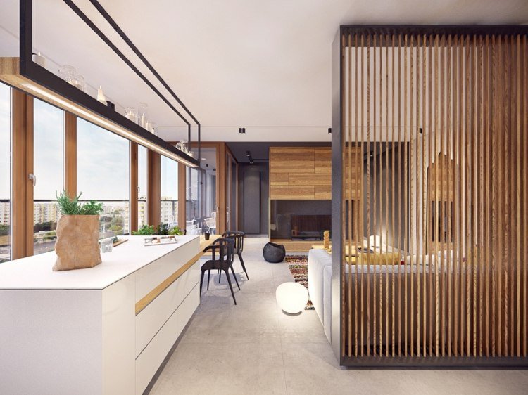 moderne lejlighed indretning design ideer rumdelere lavet af træ