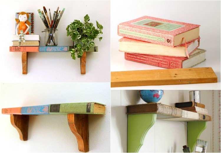 Genbrug kunsthåndværk gamle bøger-træbånd-hylde-gør-det-selv-upcycling