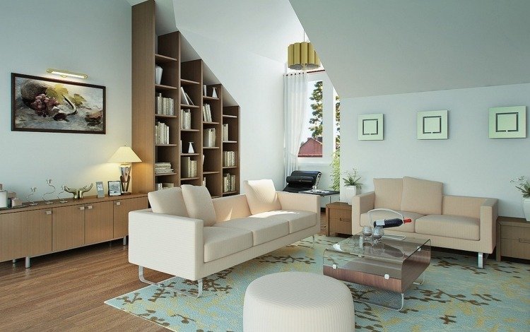 Hylde skråt loft-træ væg-sofa-lænestol-polstring-vintage-lyst træ gulvtæppe