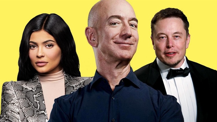 elon musk kylie jenner og jeff bezos i en collage med en gul baggrund