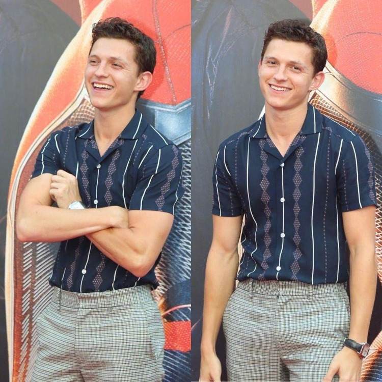 tom holland stilfuldt outfit med en klassisk stribet revers skjorte