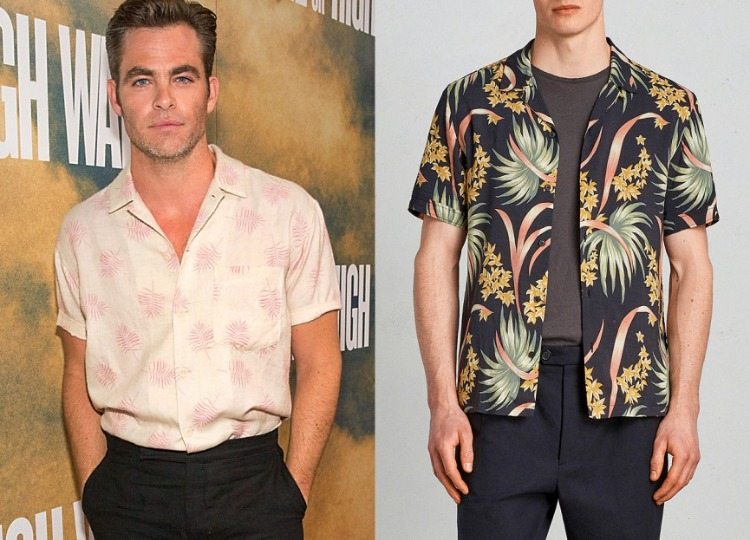 hollywood star chris pine med cubansk krave skjorte i hvidt med blomstermønster