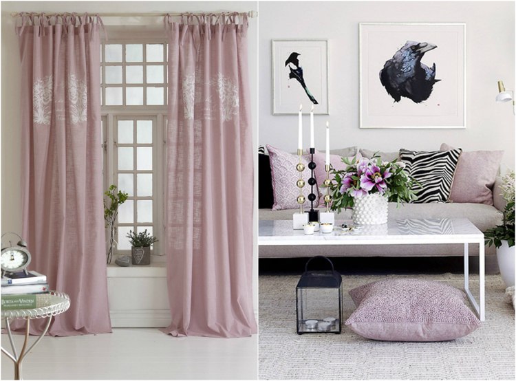 Romantisk stil levende-pastel pink-gardiner-pudebetræk-stue-sort-hvid