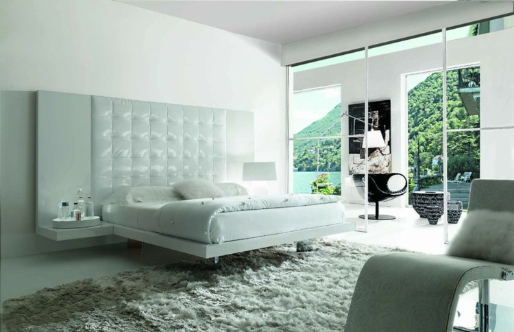 Soveværelse ideer hvidt læder seng hovedgærde shaggy tæppe