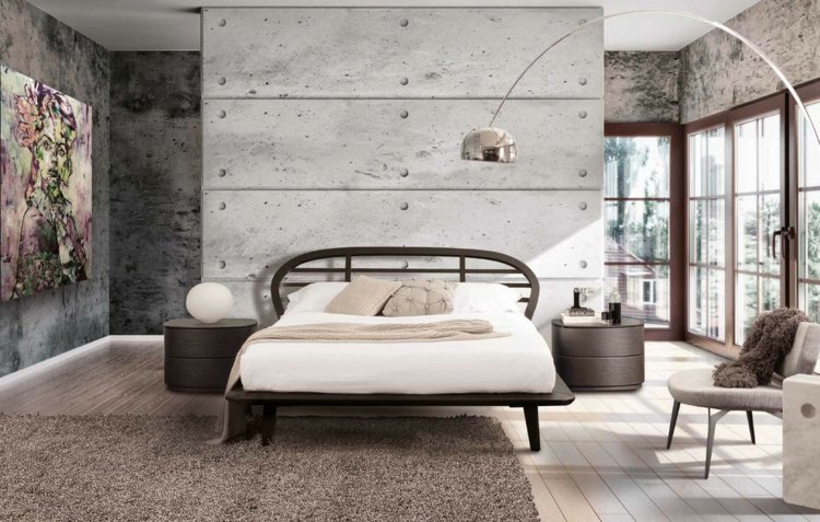 Soveværelse ideer udsat betonvæg træ seng gulvlampe