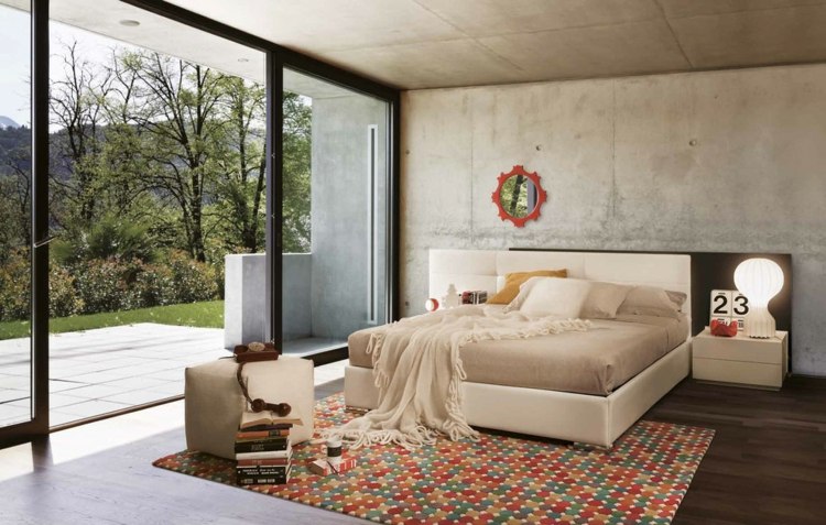 Soveværelse ideer udsat betonvæg moderne tæppe creme dobbeltseng