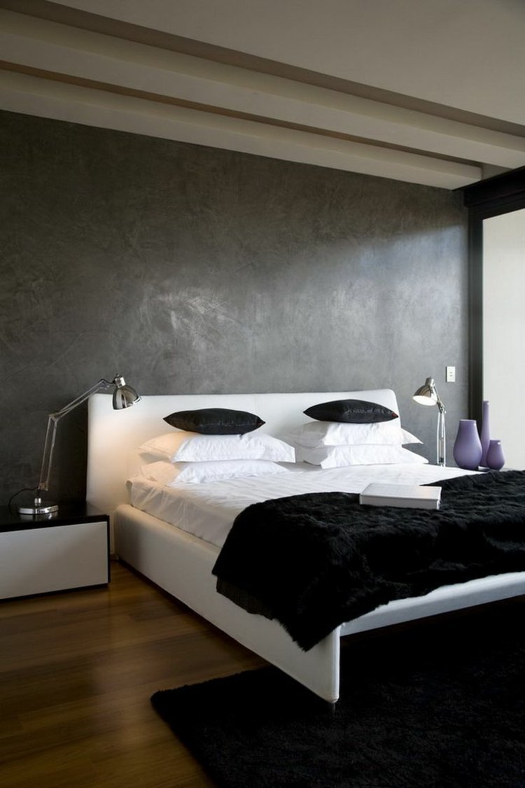 soveværelse ideer 2015 sort og hvid møbler beton optik væg design