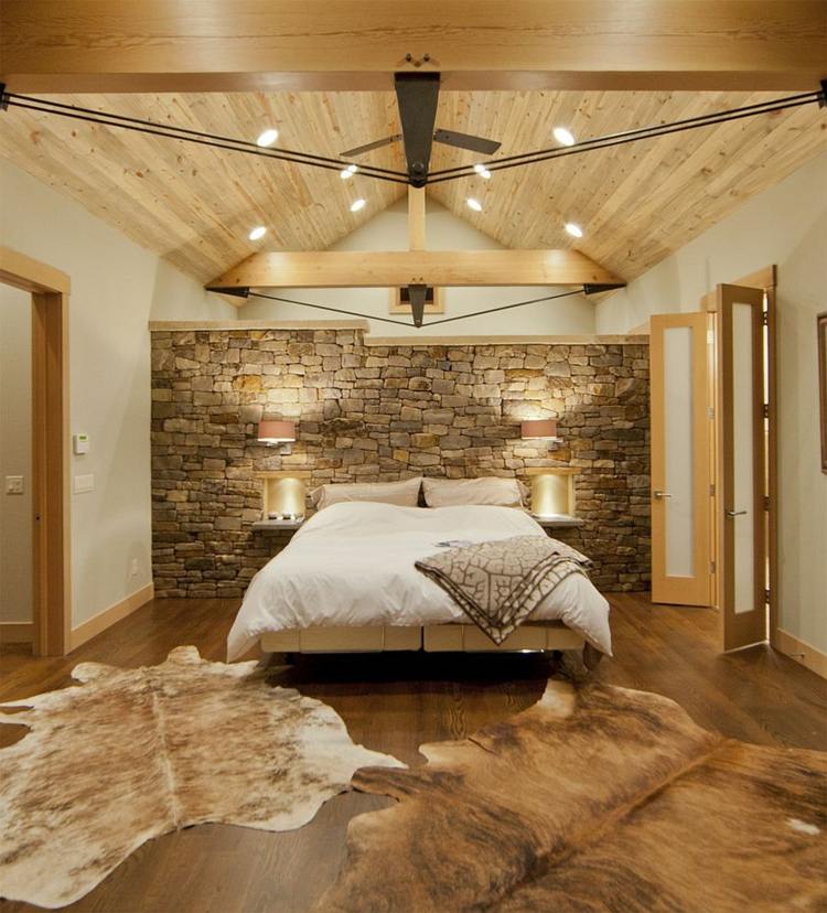 soveværelse ideer 2015 moderne rustik kombination sten væg skind træ accenter seng