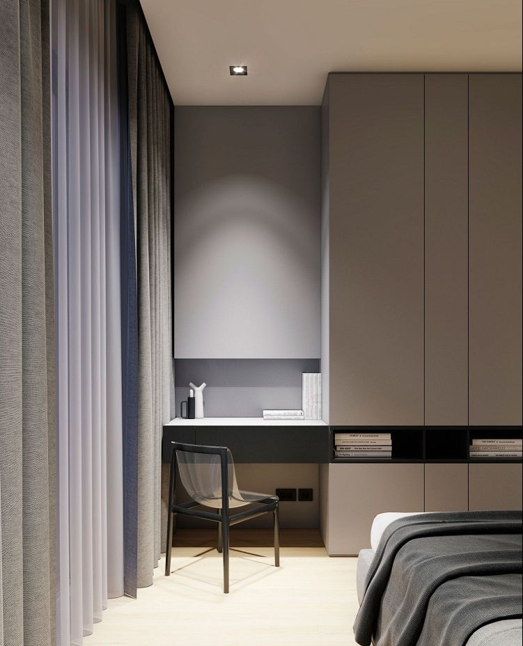 Lejlighed minimalistisk indretningstip soveværelse med skrivebord