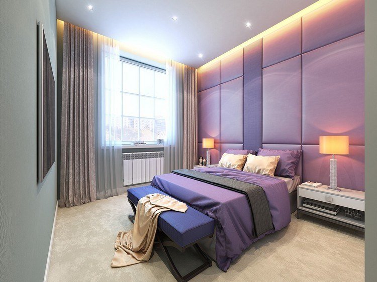 Design et moderne soveværelse i lilla vægfarve