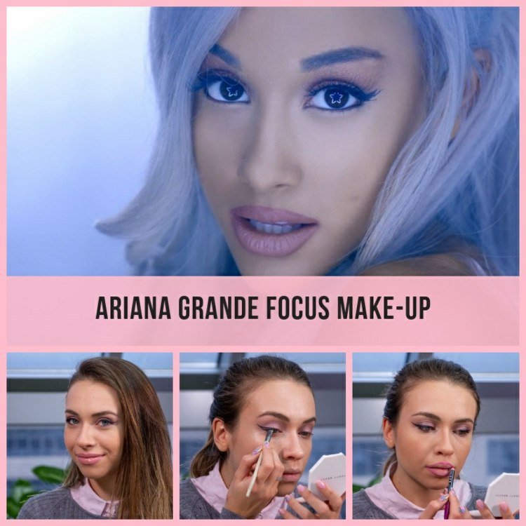 ariana grande focus make-up make-up instruktioner pink lilla grå nøgen eyeliner