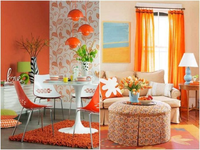 kombinasjon av lyse oransje i hjemmeinnredning med andre farger