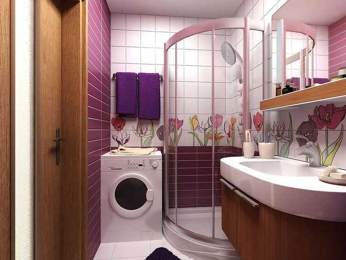 Liten badrumsdesign med dusch och tvättmaskin