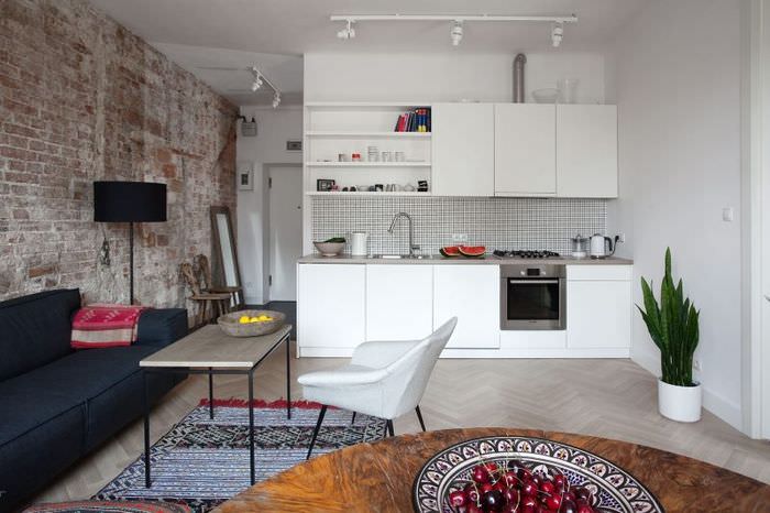 Vardagsrums kökskonstruktion med en yta på 20 kvm i minimalistisk stil
