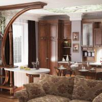 Design av ett klassiskt kök-vardagsrum med trämöbler