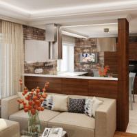 Bardisk av trä i designen av köket-vardagsrummet