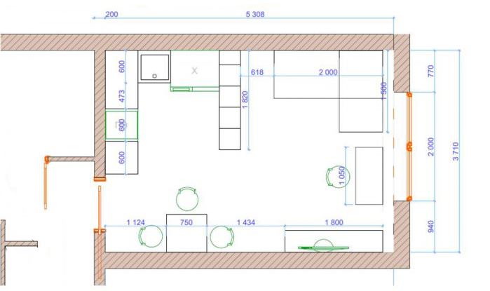 Σχέδιο κουζίνας-καθιστικού με επιφάνεια 20 τετραγωνικά μέτρα