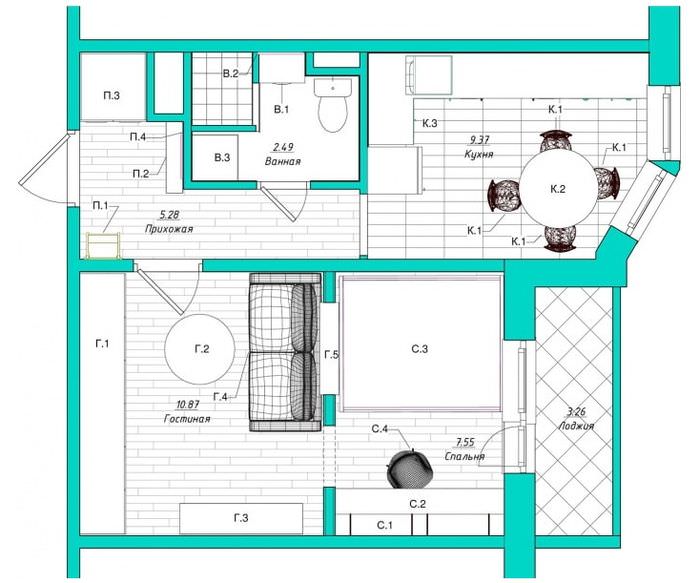 مشروع تصميم شقة من غرفة واحدة بمساحة 38 متر مربع