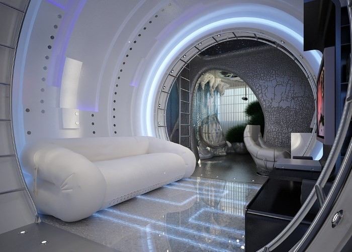 Interiér obývacího pokoje ve futuristickém stylu