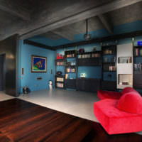 Kontrasterande färger i utformningen av ett vardagsrum för en ungkarl