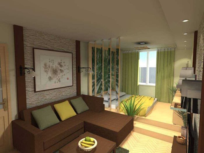 design ușor al dormitorului și livingului într-o singură cameră