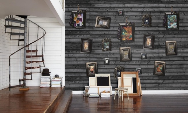 Vægdekoration, store billeder, træplankelook, sort, vandret
