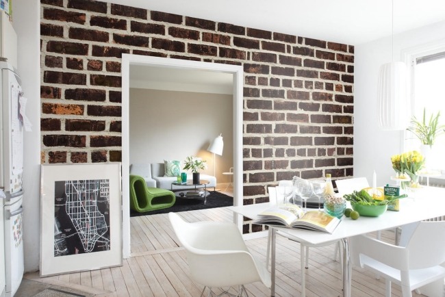Indretning af levende ideer murstensvæg tapeter optik design ideer møbler i skandinavisk stil