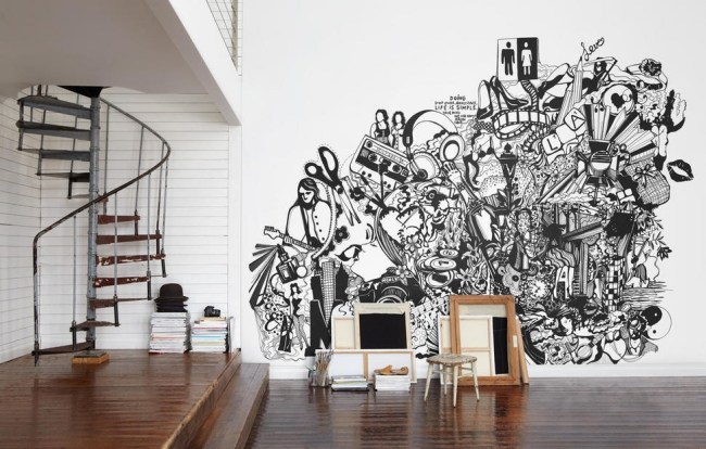 Grafisk kunst vægdesign-stort område tegning-tapet sort og hvid