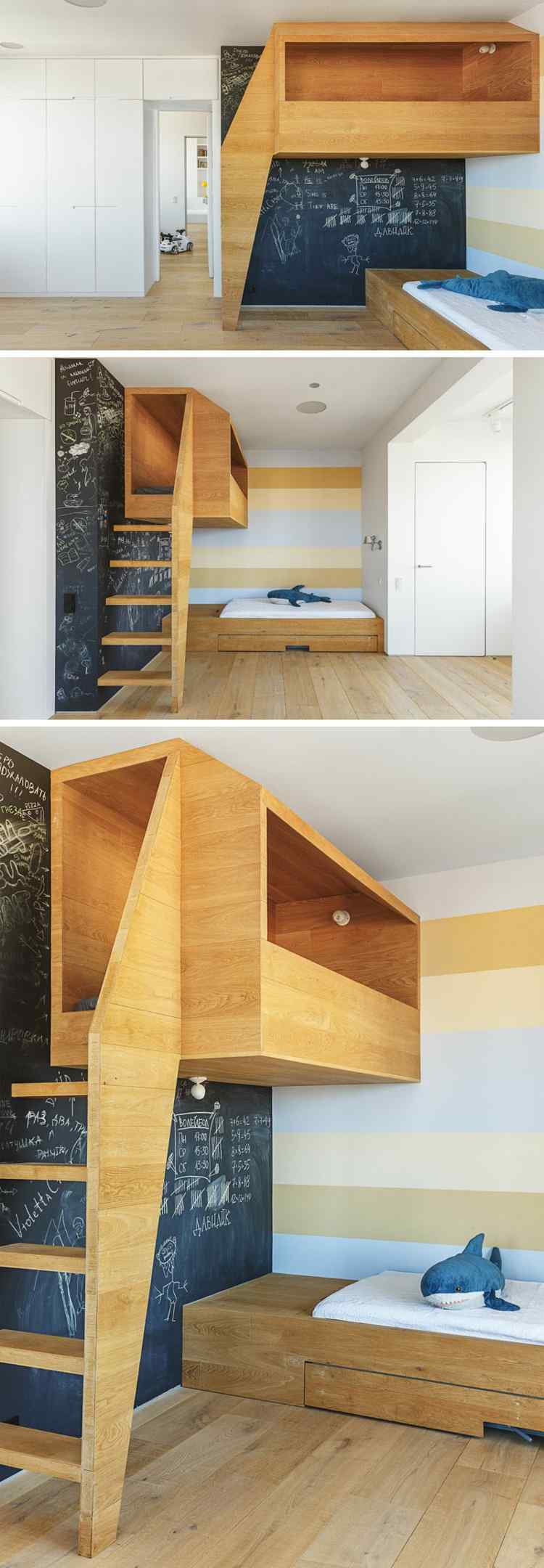 Legehus lavet af træ, naturmateriale-seng-børneværelse-plyslegetøj-haj-væg-bogstavet-dør-trappe-2