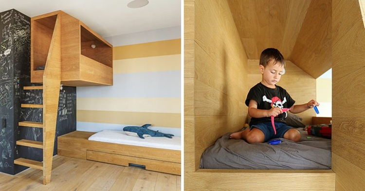 legehus lavet af træ børneværelse-soveværelse-dreng-seng-trappe-plys-dyr-væg-dekoration-tavle-maling-1
