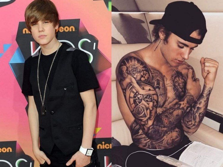 justin bieber som ung før og efter er en af ​​stjernerne med tatoveringer og bruger sin krop som lærred