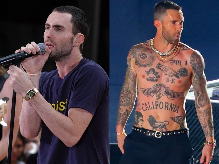 Adam Levine før og efter med tatoveringer på maven og armene