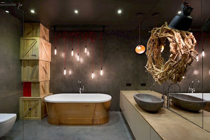 Design de baie întunecată în stil mansardă