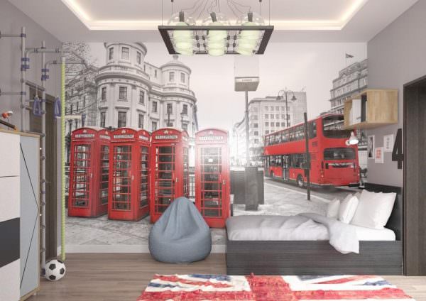Die Gestaltung eines Kinderzimmers im englischen Stil kann nur einen Farbfleck haben - eine Fototapete mit Blick auf London.