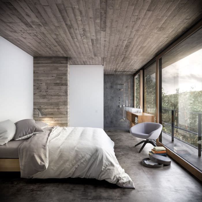 Интериор на спалня с панорамни прозорци и таван от дърво