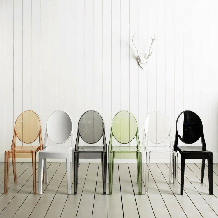stol gennemsigtig grøn orange grå design gulvvæg i træ