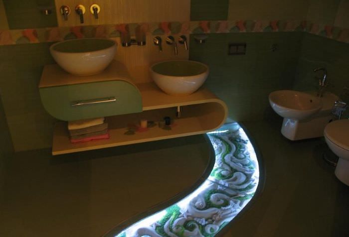 תאורה דקורטיבית של הרצפה בפנים חדר האמבטיה