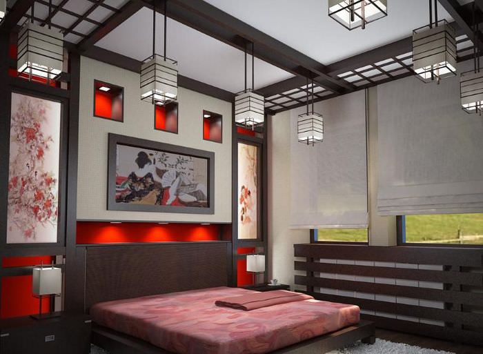 Stilvolles Schlafzimmer mit Holzbalkendecken im japanischen Stil