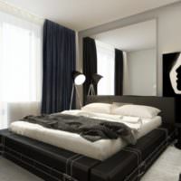 Untersicht auf einem Stativ in einem Schlafzimmer mit schwarzem Bett