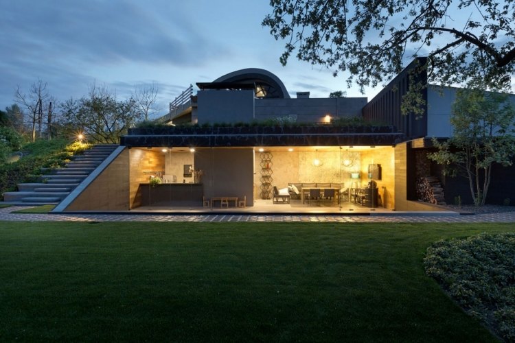 Terrasse og have -moderne-arkitektur-landskab-græsplæne-belysning-tagterrasse-vinduesvæg