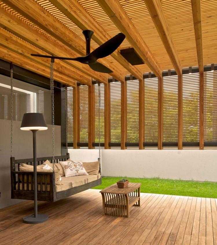 terrasse-design-2015-ideer-deco-tagdækning-træ-beskyttelse af personlige oplysninger-fan-daybed-græsplæne