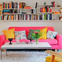 أريكة حمراء ورفوف كتب في غرفة المعيشة