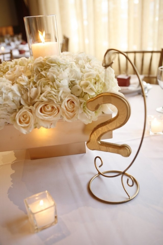 bryllup-bord-dekoration-ideer-hvide-roser-hortensia-stearinlys-gyldne-cifre