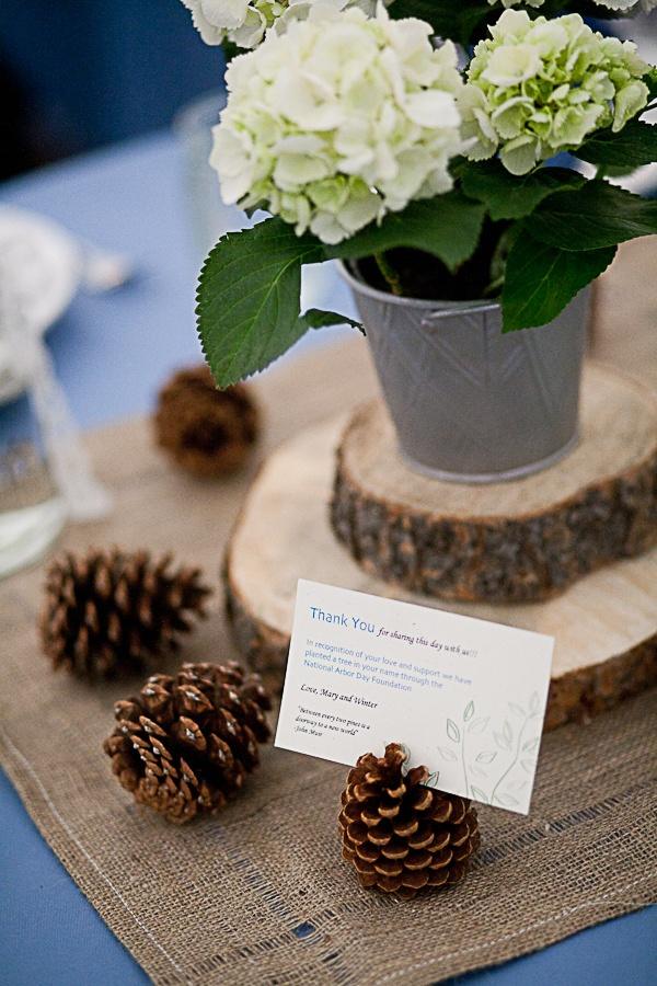 borddekoration-bryllup-ideer-hvide-hortensia-spand-træ-skive-underlag-fyrretræer
