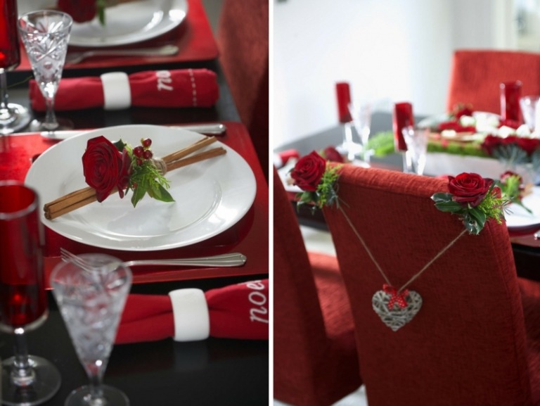 borddekoration julehåndværk idé rose rød kanelstang stol dekoration kæde hjerte