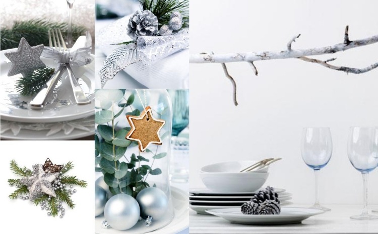 Bordpynt til jul -sølv-grøn-grene-kegler-juletræ-bolde-stjerner-glitter-perler