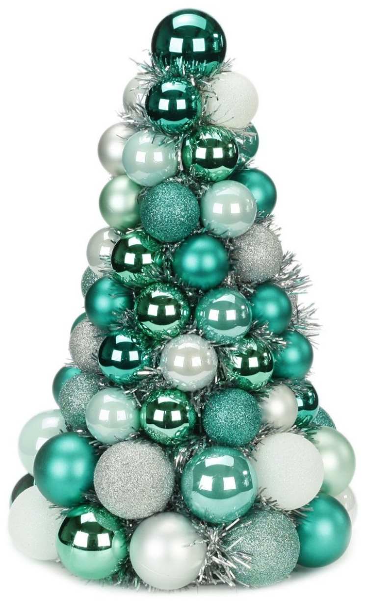 borddekoration-jul-sølv-grøn-glas-bolde-juletræ-bolde-glitrende-tårn-glitter